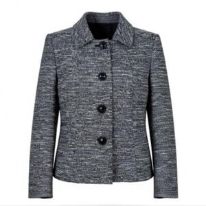 Kasper Boucle Blazer Women Size 14 Black White Silver Metallic Nubby 4 Button